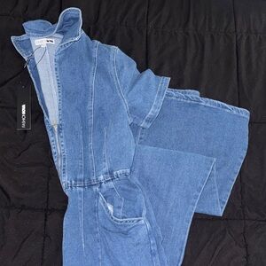 Fashion Nova Light Blue Denim Jumpsuit with Front Zip